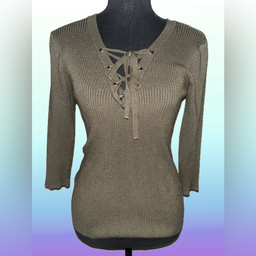 New York & Company Olive Lace-Up V-Neck Ribbed Sweater